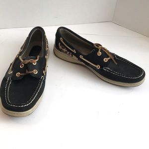 Sperry Top Siders sz 9M blk leather/leopard print